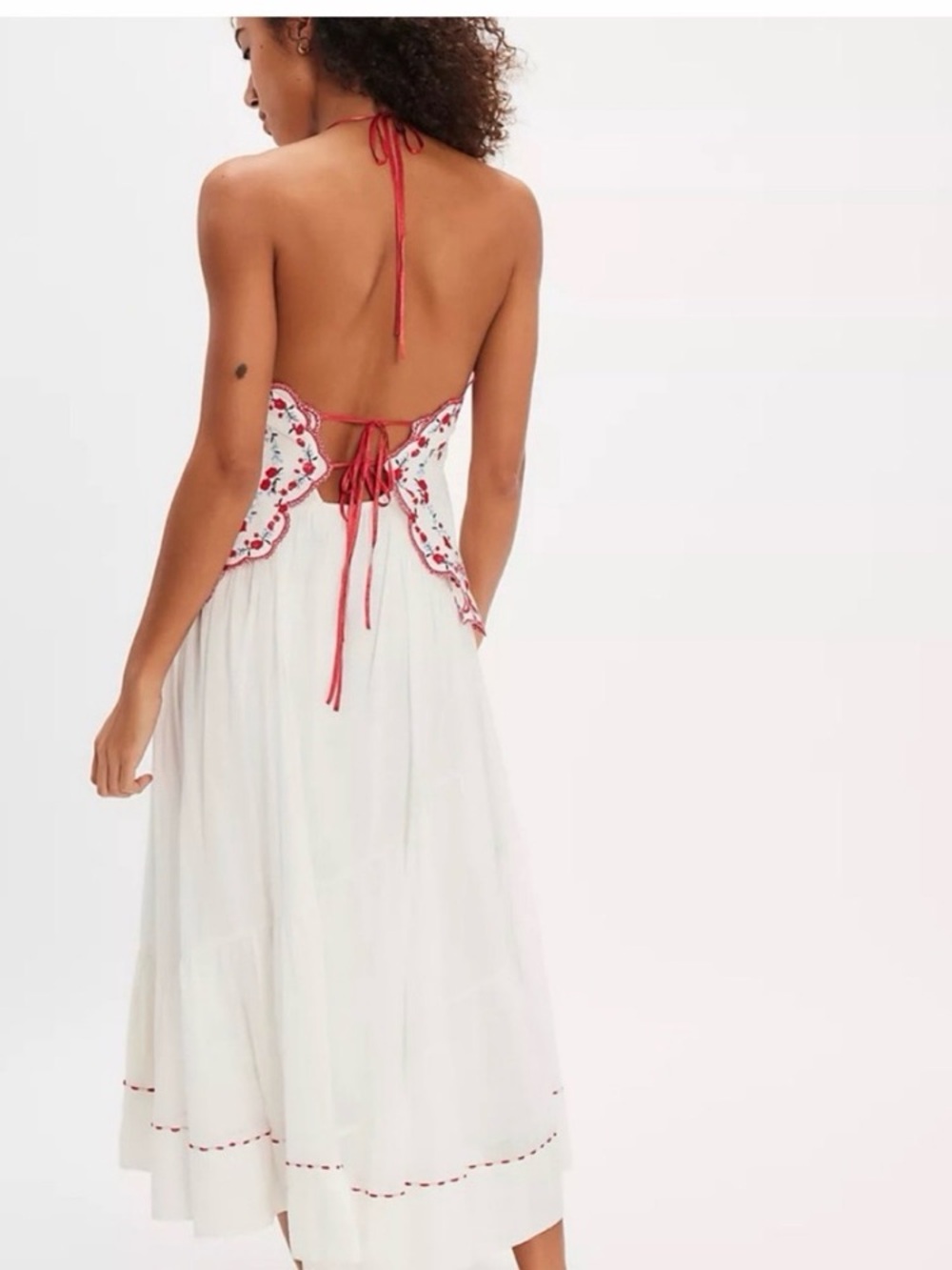 NWT retails 249, Free People White Midi Dress with Red Embroidered Bodice - Picture 2 of 14